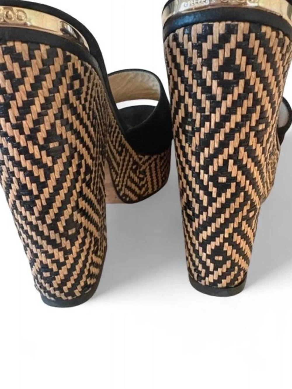 Jimmy Choo Deedee wedge sandals black suede uppers, woven platform size 8.5/38.5